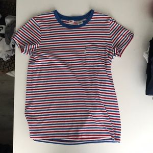 Red white and blue striped levi’s shirt